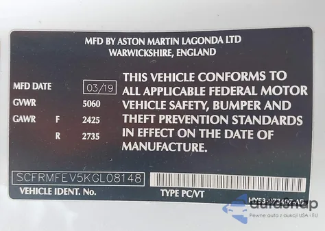 2019 Aston Martin Db11 Amr Signature from USA, damaged, VIN SCFRMFEV5KGL08148